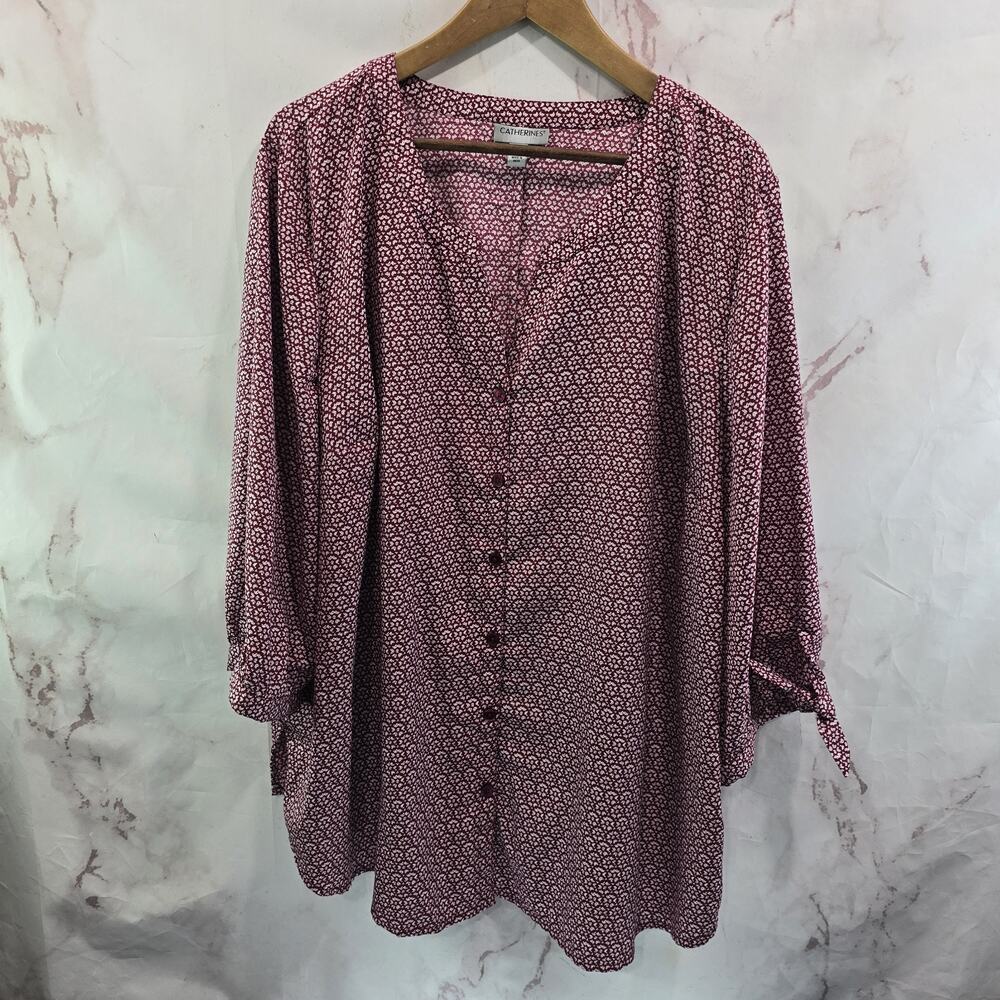 Catherines Shirt Womens 2X 22 24 Pink Blouse Button V Notch Tie Knot Cranberry